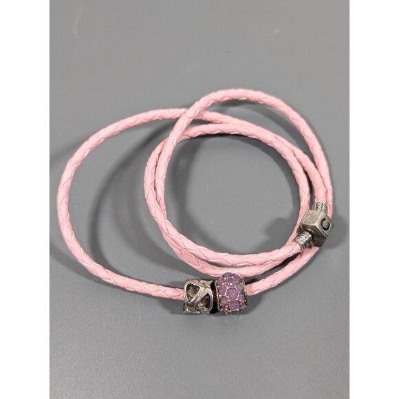 Chamilia 925 Pink Leather Triple Wrap Bracelet With Two Charms Heart Crystal 22" - Picture 1 of 8